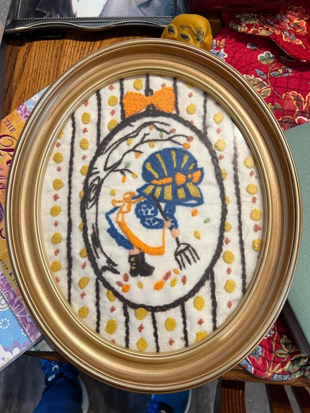 Vintage Oval Gold Framed Embroidered Wall Art With Folk-Inspired Girl Design